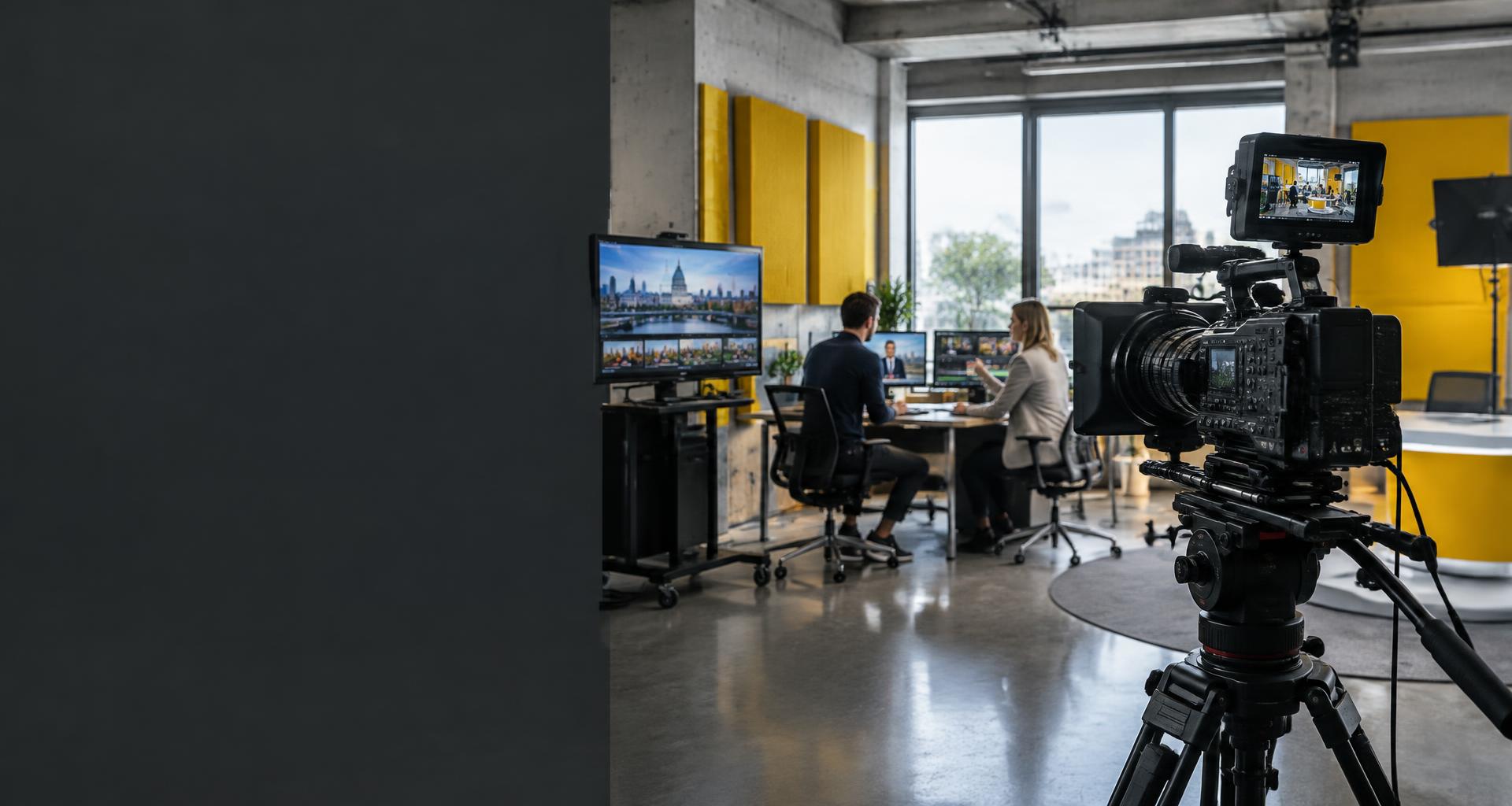 An illustrative media studio with a production camera and journalists at work